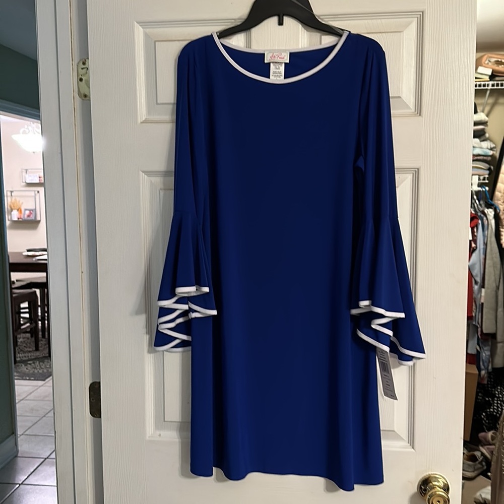 Ava & Grace Royal Blue Bell Sleeve Dress with White Trim